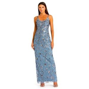 NWT Mac Duggal Floral Embellished Scoop Neck Evening Gown Slate Grey 14 #8589